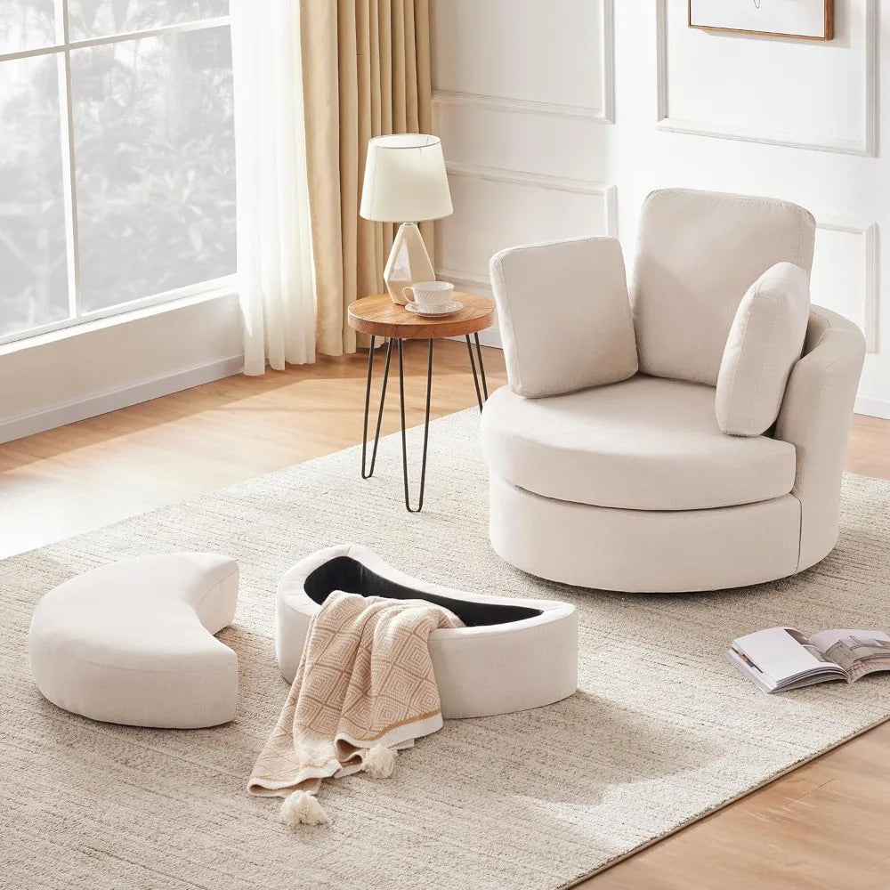 Swivel Accent Barrel Chairs with Removable Headrest, Chaise Lounge Indoor with Neck Support Pillow,Swivel Chairs for Living Room