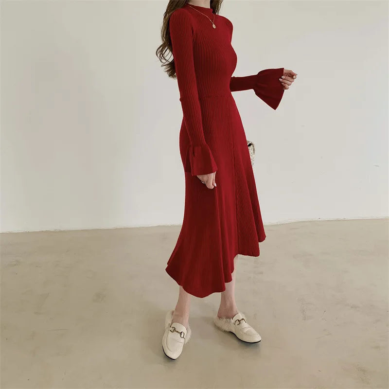 Elegant V-Neck Knitted Dress Slimming Long Skirt High Waist Bell Sleeve Unique Design Autumn Winter Women's Fashion Dress