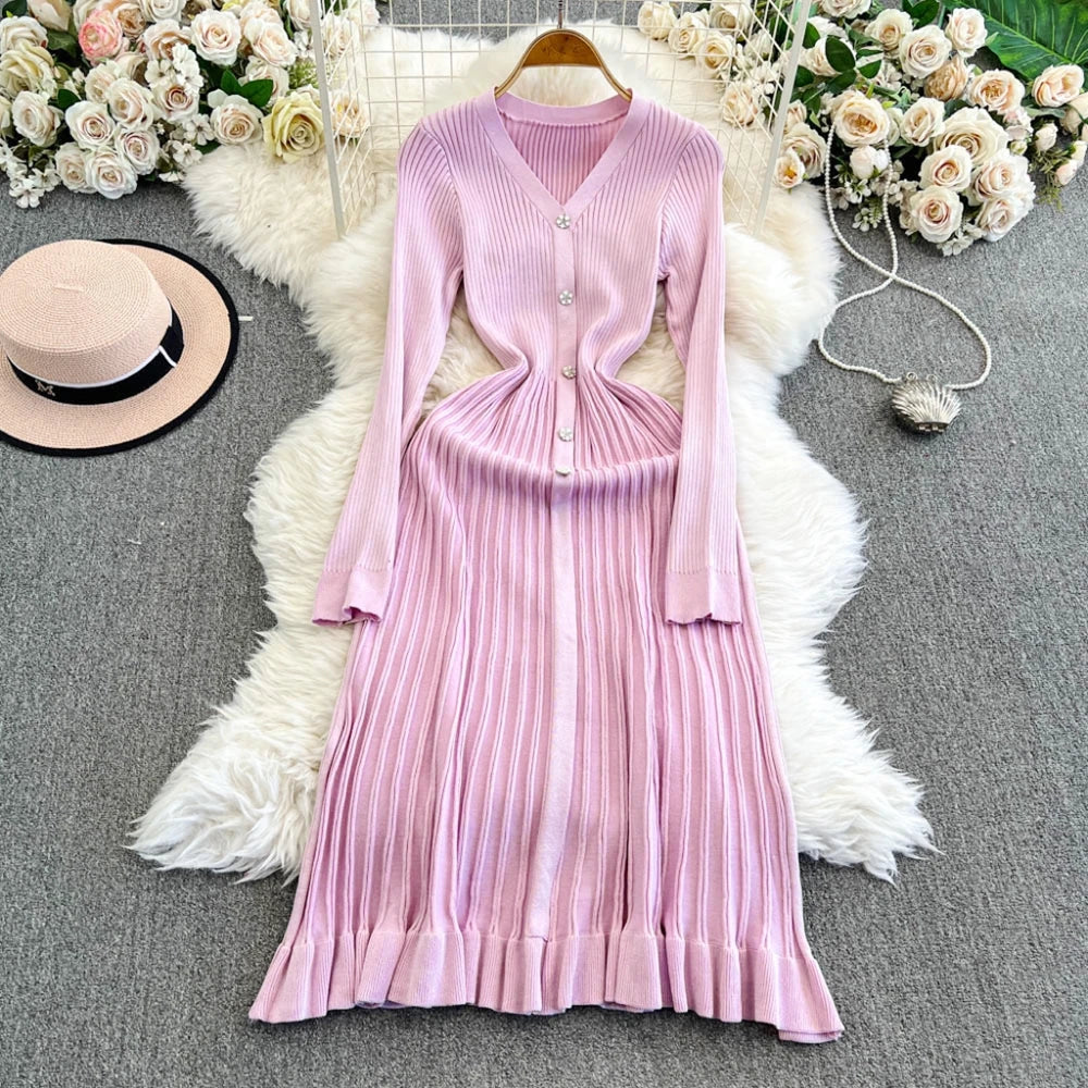 YuooMuoo Autumn Winter Women Knitted Long Dress Brand Fashion V-neck Slim Waist Pleated Sweater Dress Lady Office