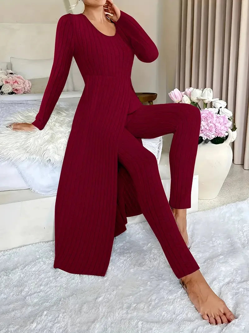 Autumn Casual Solid Set For Women Fashion O Neck Long Tops+High Waist Slim Pants 2 Piece Sets Lady Holiday Women's Clothing New