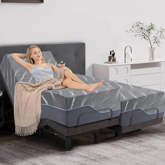 Twin XL Adjustable Bed Base with Mattress, 14 Inch Grey Gel Memory Foam Medium-Firm Mattress in Box, Adjustable Bed Frame with T