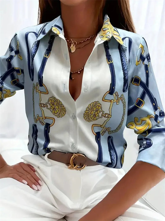 Boutique Pattern Printed Button Long Sleeve Women's Shirt Vintage Elegant Office Fashion Large Size Women's Daily Lapel Shirt