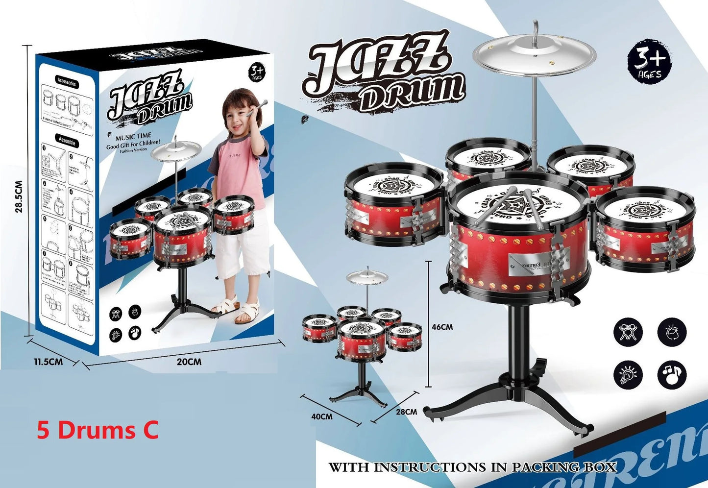 Jazz Drum Set for Kids 3 Drums / 5 Drums with Small Stool Drum Stick Set Music Instrument Educational Toys for Beginners Gifts