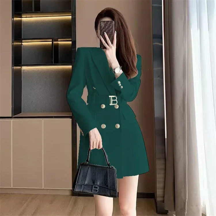French Elegant Long Sleeve Suit Dress Waist-Cinching Short Size Professional Double-Buttoned Belted Coat