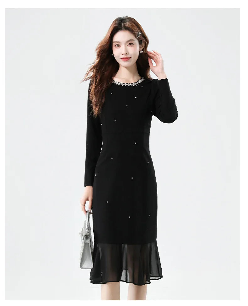 Fall Fashion Heavy Duty Rhinestone Splice Slimming Chiffon Mermaid Dress