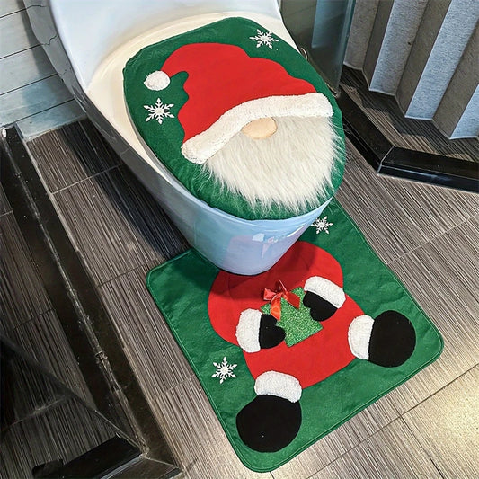Santa Toilet Seat Cover Set 2PC, Christmas Bathroom Decor Santa on The Toilet Seat Cover and Mat for Xmas