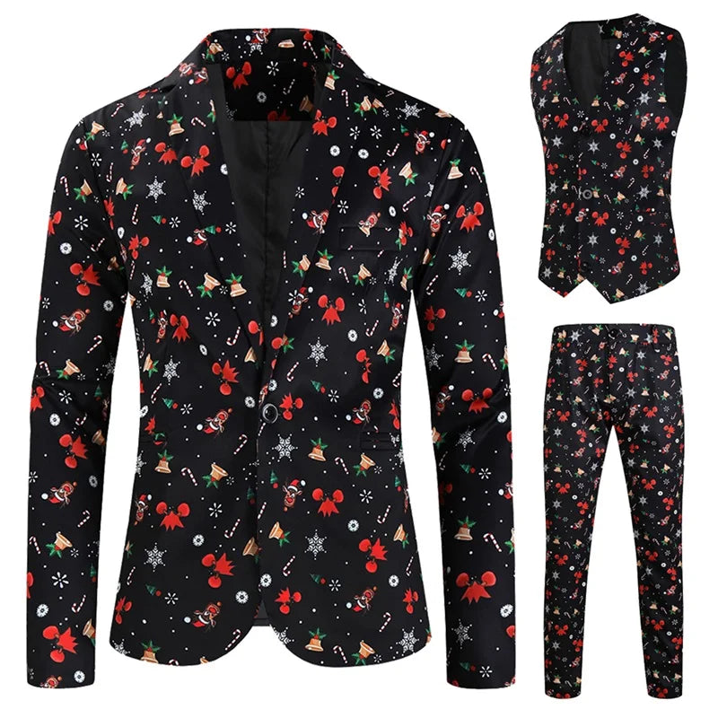 Men Christmas 3Pcs Suit Cartoon Print Long Sleeve Single Breasted Jacket with Vest Pants