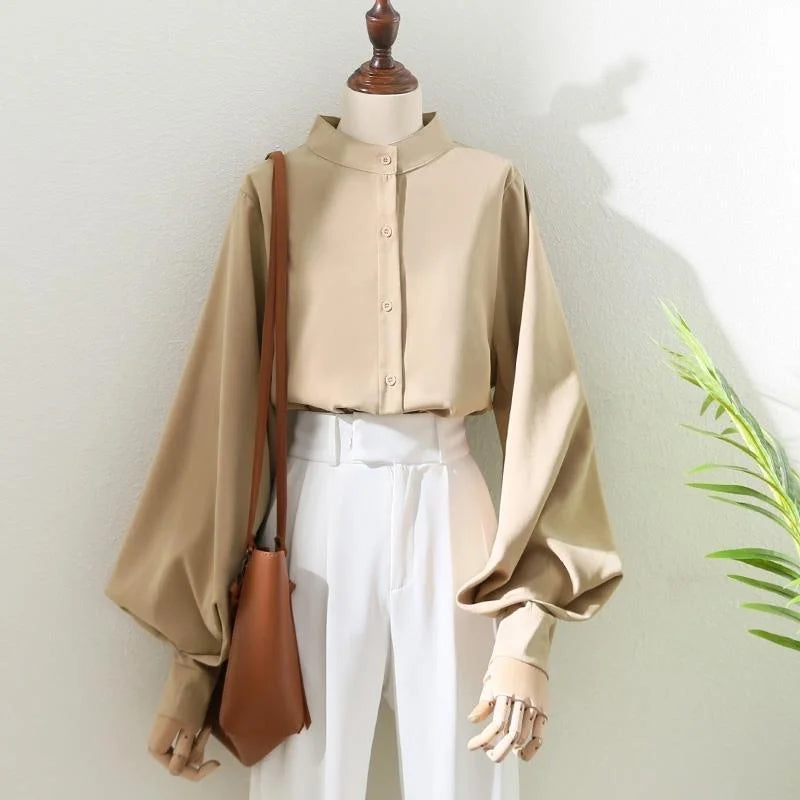 Woman Spring Autumn Style Blouses Shirt Lady Long Lantern Sleeve Stand Collar